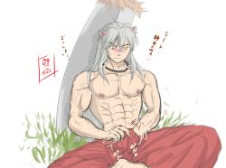Rule 34 | 1boy, abs, animal ears, blush, crotch, grass, highres, inuyasha, inuyasha (character), keisuke (kes), long hair, male focus, outdoors, silver hair, solo, sword, undressing, weapon
