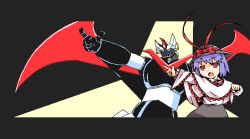 Rule 34 | 1970s (style), 1girl, bow, crossover, great mazinger, great mazinger (robot), hat, mazinger (series), mecha, nagae iku, oldschool, pointing, purple hair, red eyes, retro artstyle, robot, super robot, takujin, touhou, wings