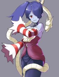 Rule 34 | 1girl, 2018, blue hair, blue skin, chuuhiji elc, colored skin, cowboy shot, detached collar, detached sleeves, dress, grey background, hair over one eye, leviathan (skullgirls), ponytail, red eyes, side ponytail, skullgirls, smile, solo, squigly (skullgirls), stitched mouth, stitches, striped, yellow eyes, zombie