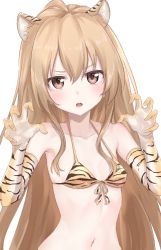 Rule 34 | 1girl, aisaka taiga, animal ears, animal print, bikini, blaze (blaze pso2), brown eyes, brown hair, claw pose, collarbone, commentary request, cowboy shot, elbow gloves, female focus, gloves, hair between eyes, light blush, long hair, looking at viewer, navel, open mouth, parted lips, partial commentary, simple background, solo, standing, swimsuit, teeth, tiger ears, tiger print, toradora!, upper body, upper teeth only, white background