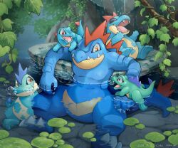 Rule 34 | absurdres, air bubble, alternate color, artist name, branch, bubble, claws, closed eyes, closed mouth, commentary request, creatures (company), croconaw, dated, evolutionary line, fangs, fangs out, feraligatr, game freak, gen 2 pokemon, highres, katkichi, lily pad, looking at another, nintendo, no humans, open mouth, outdoors, partially submerged, plant, pokemon, pokemon (creature), red eyes, rock, sharp teeth, shiny pokemon, sitting, smile, teeth, tongue, totodile, tree, vines, water, watermark, yellow eyes