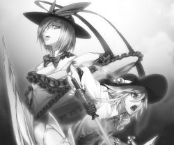 Rule 34 | &gt;:o, 2girls, :o, alternate hairstyle, bloom, bow, bowler hat, dress, frilled shawl, frills, gloves, greyscale, hair between eyes, hair over one eye, hat, hat bow, hinanawi tenshi, holding, holding sword, holding weapon, mazeran, monochrome, multiple girls, nagae iku, open mouth, shawl, short hair, sword, sword of hisou, touhou, v-shaped eyebrows, weapon