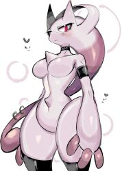 Rule 34 | 1girl, armlet, black thighhighs, blush, breasts, closed mouth, cowboy shot, creatures (company), game freak, gen 1 pokemon, heart, legendary pokemon, looking at viewer, medium breasts, mega mewtwo y, mega pokemon, mewtwo, nintendo, pokemon, pokemon (creature), red eyes, simple background, solo, standing, thighhighs, usa37107692, white background