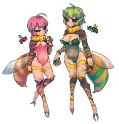 Rule 34 | 2girls, :/, ahoge, arthropod girl, bee girl, black sclera, blue wings, breasts, brown eyes, claws, cleavage, closed mouth, colored sclera, covered navel, full body, fur collar, green hair, green leotard, hand up, highres, hornet (terraria), insect girl, insect wings, leotard, low wings, medium breasts, moss hornet (terraria), multiple girls, nyong nyong, open mouth, orange wings, personification, pink hair, pink leotard, purple eyes, raised eyebrow, reference inset, short hair, simple background, small breasts, stinger, strapless, strapless leotard, terraria, uneven eyes, white background, wings