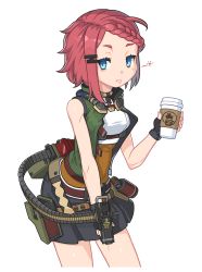 Rule 34 | 1girl, ammunition belt, blue eyes, braid, coffee, coffee cup, commentary request, cup, disposable cup, drooling, explosive, fingerless gloves, french braid, gloves, grenade, gun, holding, holding gun, holding weapon, original, pleated skirt, ran system, red hair, short hair, skirt, solo, vest, weapon, white background