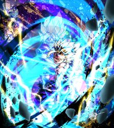 Rule 34 | 1boy, absurdres, aura, blonde hair, blz (blz151101), commentary, dragon ball, dragonball z, english commentary, father-son kamehameha, father and son, full body, green eyes, highres, kamehameha (dragon ball), light particles, male focus, muscular, muscular male, open mouth, short hair, signature, son gohan, spiked hair, standing, super saiyan, torn clothes