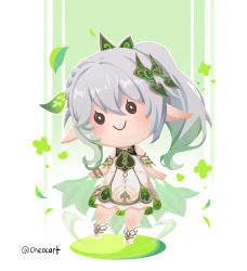 Rule 34 | 1girl, absurdres, bracelet, c:, cape, cheocart, chibi, commentary, detached sleeves, dress, english commentary, full body, genshin impact, gradient hair, grey hair, hair between eyes, hair ornament, highres, jewelry, long hair, looking at viewer, multicolored hair, nahida (genshin impact), pointy ears, short sleeves, side ponytail, sidelocks, simple background, smile, solo, stirrup legwear, toeless legwear, twitter username, white dress