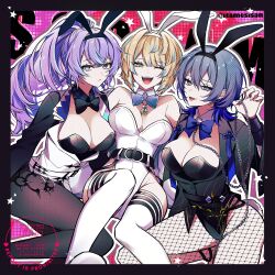 3girls ;d absurdres animal_ear_hairband animal_ears aqua_eyes artist_name bare_shoulders belt black_belt black_border black_bow black_bowtie black_hairband black_jacket black_leotard black_pantyhose blonde_hair blue_bow blue_bowtie blue_eyes blue_hair border bow bowtie breasts chaahan_(0421_han2) chain cleavage closed_mouth commentary_request crossed_bangs detached_collar expressionless eyelashes fake_animal_ears fake_tail fingernails fishnet_pantyhose fishnets genderswap genderswap_(mtf) gradient_hair grey_eyes grey_hair grey_outline hair_between_eyes hair_intakes hairband hand_up hibachi_mana high_ponytail highleg highleg_leotard highres hoshirube_sho jacket jewelry koyanagi_rou large_breasts leotard long_fingernails long_hair long_sleeves looking_at_viewer medium_hair multicolored_eyes multicolored_hair multiple_girls necklace nijisanji one_eye_closed open_mouth outline pantyhose playboy_bunny ponytail purple_hair rabbit_ear_hairband rabbit_ears rabbit_girl rabbit_tail short_hair sidelocks sitting smile star_(symbol) strapless strapless_leotard streaked_hair tail tassel teeth thighhighs tongue tongue_out twitter_username upper_teeth_only vest virtual_youtuber watermark white_hairband white_outline white_thighhighs white_vest wing_collar yellow_eyes