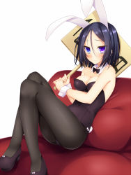Rule 34 | 1girl, animal ears, bare shoulders, black hair, black pantyhose, blush, bow, bowtie, breasts, cleavage, covered navel, detached collar, fake animal ears, heterochromia, highres, holding, leotard, nishi minami, original, pantyhose, pillow, placard, playboy bunny, purple eyes, rabbit ears, rabbit tail, shoes, short hair, sign, sitting, solo, suterii, tail, white background, wrist cuffs