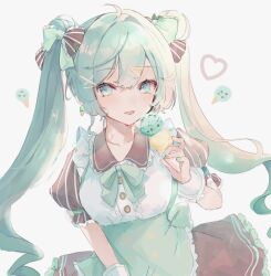 Rule 34 | 1girl, :p, apron, asagimu (tsuktsuk), bow, bowtie, breasts, brown bow, brown skirt, buttons, commentary request, double bun, food, green apron, green bow, green bowtie, green eyes, green nails, hair bow, hair bun, hair ornament, hatsune miku, heart, holding, holding food, holding ice cream cone, ice cream cone, looking to the side, medium breasts, mint chocolate, multicolored bow, nail polish, puffy short sleeves, puffy sleeves, shirt, short sleeves, simple background, skirt, solo, striped, striped bow, tongue, tongue out, twintails, vocaloid, waist apron, wavy hair, white background, white shirt, wrist cuffs, x hair ornament