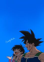 1boy 1girl arm_warmers armor backlighting bardock black_eyes black_hair blue_sky broad_shoulders clear_sky closed_eyes collarbone day dragon_ball dragon_ball_minus dragon_ball_super dragon_ball_super_broly eyelashes facial_scar facing_viewer gine hair_behind_ear hands_up happy height_difference highres large_pectorals laughing light_blush looking_at_another looking_down lovelybada medium_hair muscular muscular_male open_mouth outdoors pectorals pink_arm_warmers profile saiyan_armor scar scar_on_cheek scar_on_face side-by-side sky spiked_hair sunlight talking teeth twitter_username upper_body upper_teeth_only walking wide_shot