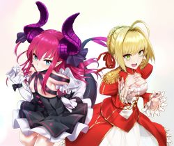 Rule 34 | 10s, 2girls, :d, ahoge, blonde hair, blue eyes, breasts, center opening, cleavage, detached sleeves, dragon girl, dragon tail, dress, elizabeth bathory (fate), elizabeth bathory (fate/extra ccc), elizabeth bathory (first ascension) (fate), epaulettes, fate/extra, fate/extra ccc, fate (series), green eyes, hair intakes, hair ribbon, hand on own chest, hand on own hip, highres, horns, infinote, long hair, long sleeves, medium breasts, multiple girls, nero claudius (fate), nero claudius (fate) (all), nero claudius (fate/extra), open mouth, pink hair, pointy ears, red dress, ribbon, see-through, short hair, small breasts, smile, tail, wrist cuffs