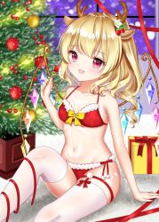 Rule 34 | 1girl, absurdres, alternate costume, animal ears, antlers, arm up, blonde hair, blurry, box, bra, breasts, carpet, christmas tree, collarbone, commentary request, crystal, deer ears, depth of field, fang, flandre scarlet, food, food-themed hair ornament, fork, fruit, fur-trimmed bra, fur-trimmed panties, fur trim, gift, gift box, hair ornament, head tilt, highres, holding, holding fork, horns, indoors, knee up, leg ribbon, looking at viewer, night, nyanyanoruru, on floor, open mouth, panties, red bra, red eyes, red panties, reindeer antlers, ribbon, short hair, side-tie panties, side ponytail, sitting, small breasts, solo, strawberry, thigh ribbon, thighhighs, touhou, underwear, underwear only, whipped cream, white thighhighs, window, wings
