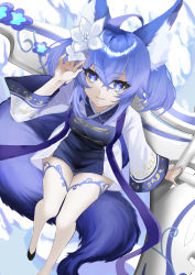 Rule 34 | 1girl, absurdres, akashic chronicle, animal ears, blue eyes, blue hair, flower, fox ears, fox girl, fox tail, full body, hair flower, hair ornament, highres, looking at viewer, looking up, nana (akashic chronicle), nana (beguiling feline) (akashic chronicle), pecora (udpf2448), ponytail, solo, tail, thighhighs, white background