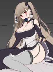 Rule 34 | 1girl, absurdres, azur lane, bad id, bad pixiv id, between breasts, blunt bangs, breasts, brown hair, cleavage, condom, condom in mouth, condom wrapper, dress, flat color, formidable (azur lane), garter straps, grey background, grey thighhighs, hair ribbon, highres, large breasts, long hair, mingakk, mouth hold, red eyes, ribbon, simple background, sitting, sketch, solo, thighhighs, twintails, very long hair