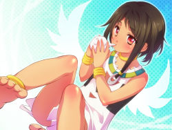 Rule 34 | 10s, 1girl, anklet, bad id, bad pixiv id, barefoot, black hair, blush, bracelet, choi mochimazzui, feet, jewelry, long hair, lots of jewelry, necklace, red eyes, sasachin (k+w), sidelocks, solo, tamako market, toes