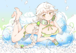 Rule 34 | 1girl, alternate costume, ass, asymmetrical hair, bare shoulders, bikini, blush, braid, breast press, breasts, butt crack, cellphone, cleavage, cloud, cloud print, collarbone, commentary request, contemporary, couch, artistic error, hair ornament, halterneck, head tilt, headphones, jitome, kantai collection, large breasts, long braid, long hair, looking at viewer, lying, nail polish, on stomach, phone, shikigami, silver hair, single braid, smartphone, sodapop (iemaki), solo, swimsuit, unryuu (kancolle), very long hair, wavy hair, white bikini, wrong foot