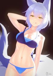 Rule 34 | 1girl, :q, animal ears, arknights, arm behind head, arm up, bare shoulders, bikini, black background, blue bikini, braid, breasts, cleavage, collarbone, commentary request, cowboy shot, gloves, groin, hair between eyes, half-closed eyes, highres, large tail, layered bikini, licking lips, light blush, long hair, looking at viewer, medium breasts, navel, ochako (kemomimiochanu), official alternate costume, partial commentary, provence (arknights), provence (casual vacation) (arknights), purple bikini, sidelocks, signature, silver hair, simple background, smile, solo, standing, stomach, swimsuit, tail, tongue, tongue out, wolf ears, wolf tail, yellow eyes