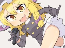Rule 34 | 1boy, :d, \m/, black coat, black gloves, blonde hair, blush, bow, braid, buttons, coat, commentary request, cookie (touhou), dutch angle, fang, feet out of frame, genderswap, genderswap (ftm), gloves, hair between eyes, hair bow, holding, holding microphone, hospital king, kirisame marisa, long bangs, long hair, long sleeves, looking at viewer, male focus, microphone, open mouth, purple bow, rei (cookie), side braid, simple background, single braid, smile, touhou, trap, white background, yellow eyes