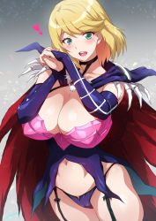 Rule 34 | 1girl, blonde hair, breasts, cleavage, commentary request, garter straps, gradient background, green eyes, grey background, heart, highres, joy ride, koi wa sekai seifuku no ato de, large breasts, looking at viewer, magahara desumi, nail polish, navel, open mouth, panties, purple panties, short hair, solo, thighs, underwear