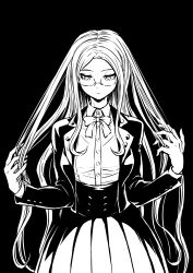 Rule 34 | 1girl, absurdres, black background, bow, bowtie, buttons, closed mouth, collared shirt, danganronpa (series), danganronpa v3: killing harmony, double-breasted, dress shirt, frown, glasses, grey background, highres, jacket, long hair, long sleeves, looking down, open clothes, open jacket, pleated skirt, shirogane tsumugi, shirt, shirt tucked in, skirt, solo, youko-shima