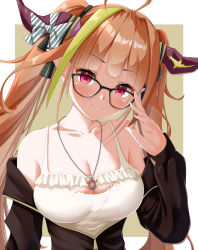Rule 34 | 1girl, ahoge, bad id, bad pixiv id, black-framed eyewear, black jacket, bow, breasts, camisole, cleavage, dragon horns, frilled shirt, frills, glasses, hand up, head tilt, highres, hololive, horn bow, horn ornament, horns, jacket, jewelry, kiryu coco, kiryu coco (loungewear), large breasts, long hair, long sleeves, looking at viewer, multicolored hair, necklace, off shoulder, pink eyes, pointy ears, shirt, sleeveless, sleeveless shirt, smile, solo, spaghetti strap, streaked hair, striped, striped bow, twintails, upper body, very long hair, virtual youtuber, white shirt, yakatora