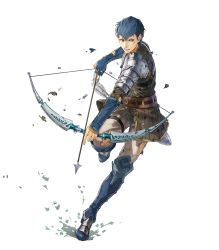 Rule 34 | 1boy, arrow (projectile), belt, blue hair, boots, bow (weapon), brown eyes, fingerless gloves, fire emblem, fire emblem echoes: shadows of valentia, fire emblem heroes, full body, gloves, highres, injury, male focus, nintendo, official art, python (fire emblem), quiver, scar, solo, suda ayaka, teeth, torn clothes, transparent background, weapon