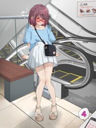 Rule 34 | 1girl, arms at sides, artist name, bag, bench, blue shirt, blush, bracelet, cellphone, clenched hands, clenched teeth, clothes writing, collarbone, crying, drooling, embarrassed, escalator, female focus, flat chest, full body, glasses, half-closed eyes, handbag, highres, indoors, japanese text, jewelry, kakuremino7928, knees together feet apart, legs, miniskirt, nail polish, nose blush, orange eyes, original, phone, pink nails, pleated skirt, public indecency, purple hair, pussy juice, red-framed eyewear, remote control vibrator, saliva, sandals, semi-rimless eyewear, sex toy, shirt, shirt tucked in, short hair, short sleeves, shoulder bag, sidelocks, sign, signature, skirt, smartphone, solo, speech bubble, stairs, standing, star (symbol), sweat, tears, teeth, thigh gap, thighs, tile floor, tiles, toenail polish, toenails, translation request, trembling, twitter username, v-shaped eyebrows, vibrator, vibrator under clothes, white footwear, white skirt