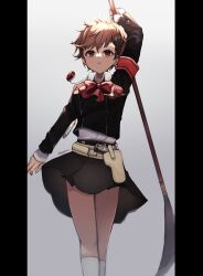 Rule 34 | 1girl, arm up, armband, black border, border, bow, bowtie, brown hair, collared shirt, gekkoukan high school uniform, headphones, highres, holding, holding polearm, holding weapon, looking at viewer, persona, persona 3, persona 3 portable, polearm, pppppknw, red bow, red bowtie, s.e.e.s, school uniform, shiomi kotone, shirt, short hair, skirt, solo, spear, standing, twitter username, weapon