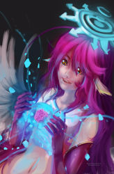 Rule 34 | 1girl, angel wings, brain, closz, commentary, crop top, gloves, halo, highres, jibril (no game no life), long hair, low wings, magic, magic circle, midriff, navel, no game no life, open mouth, pink hair, solo, white wings, wing ears, wings, yellow eyes