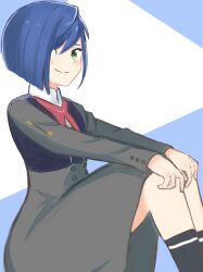 Rule 34 | 1girl, asymmetrical bangs, black socks, blue background, blue hair, blush, bob cut, closed mouth, commentary, darling in the franxx, feet out of frame, food, fruit, green eyes, grey jacket, grey skirt, hair over one eye, hands on own knees, highres, ichigo (darling in the franxx), jacket, knees up, long sleeves, looking at viewer, looking to the side, military, military uniform, necktie, red necktie, short hair, sitting, skirt, smile, socks, solo, strawberry, uniform, white background, yoichomaru