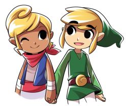 Rule 34 | 1boy, 1girl, blonde hair, couple, dark skin, holding hands, hetero, link, mary cagle, nintendo, pointy ears, scarf, smile, tetra, the legend of zelda, the legend of zelda: the wind waker, toon link, vest, wrist wrap