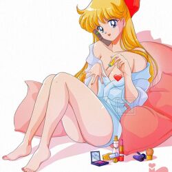 Rule 34 | 1girl, aino minako, artist name, bare shoulders, barefoot, bishoujo senshi sailor moon, blonde hair, blue eyes, bow, breasts, cellphone, censored, cleavage, coat, earrings, female focus, flip phone, heart, heart censor, jewelry, long hair, makeup, medium breasts, nail polish, phone, red bow, saotome nanda, simple background, solo, thighs, watermark, white background