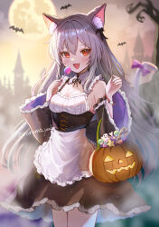 Rule 34 | 1girl, :d, animal ear fluff, animal ears, apron, bat (animal), black skirt, breasts, candy, cat ears, cat girl, cat tail, cleavage, corset, detached sleeves, fang, food, frilled skirt, frills, full moon, grey hair, halloween, halloween bucket, highres, holding, holding candy, holding food, holding lollipop, jack-o&#039;-lantern, lollipop, long hair, long sleeves, looking at viewer, medium breasts, moon, nanamo yado, night, open mouth, original, red eyes, skirt, smile, tail, very long hair, white apron