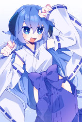Rule 34 | 1girl, :3, :d, alternate color, alternate hair color, arms up, blue background, blue bow, blue eyes, blue hair, blue hakama, blue ribbon, blue skirt, blue theme, blush, bow, breasts, bright pupils, commentary request, detached sleeves, hair between eyes, hakama, hakama skirt, hanyuu, highres, higurashi no naku koro ni, hip vent, horns, japanese clothes, long hair, looking at viewer, medium breasts, momotarekawa, open mouth, ribbon, ribbon-trimmed sleeves, ribbon trim, screentones, signature, skirt, sleeves past wrists, smile, snowflakes, solo, very long hair, white pupils, white sleeves, wide sleeves