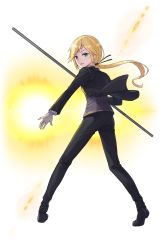 Rule 34 | 1girl, androgynous, black footwear, black neckwear, black pants, blonde hair, blue eyes, chris (princess principal), full body, gloves, highres, holding, holding staff, long hair, looking at viewer, looking back, official art, pants, parted lips, ponytail, princess principal, princess principal game of mission, smile, solo, staff, standing, transparent background, white gloves