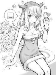 Rule 34 | 1girl, 5ya, animal ears, bare shoulders, bird, bird on hand, bracelet, breasts, cat ears, cleavage, closed mouth, copyright request, emoticon, facial mark, final fantasy, final fantasy xiv, fingernails, flower, greyscale, highres, jewelry, legs together, long hair, looking at viewer, medium breasts, monochrome, patting, rose, santa costume, sitting, sketch, smile, solo