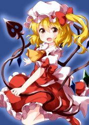 Rule 34 | 1girl, :d, ascot, blonde hair, blue background, bow, brown eyes, fang, flandre scarlet, frilled shirt collar, frilled skirt, frills, hair between eyes, hat, highres, laevatein, long hair, looking at viewer, mob cap, open mouth, puffy short sleeves, puffy sleeves, red bow, red footwear, red skirt, red vest, ruu (tksymkw), shirt, shoes, short sleeves, side ponytail, simple background, skirt, skirt set, smile, solo, touhou, v-shaped eyebrows, vest, white shirt, yellow ascot