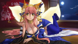 Rule 34 | 10s, 1girl, animal ear fluff, animal ears, bare shoulders, blue kimono, blue thighhighs, breasts, cleavage, collarbone, commission, fate/extra, fate/grand order, fate (series), fox ears, fox girl, fox tail, full moon, indoors, japanese clothes, kimono, large breasts, light smile, long hair, looking at viewer, lying, moon, multiple tails, nature, ocean, official alternate costume, on stomach, paid reward available, pink hair, smoking, solo, tail, tamamo (fate), tamamo no mae (fate/extra), tamamo no mae (third ascension) (fate), thanabis, thighhighs, very long hair, yellow eyes