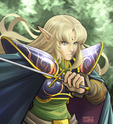 Rule 34 | 1girl, armor, artist name, blonde hair, cape, circlet, dated, david calderon, day, deedlit, elf, fantasy, green background, green eyes, highres, holding, holding sword, holding weapon, long hair, looking at viewer, outdoors, parted bangs, pointy ears, record of lodoss war, solo, standing, sword, upper body, very long hair, weapon