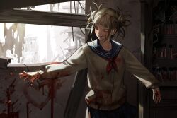 Rule 34 | 1girl, abandoned, absurdres, bags under eyes, blonde hair, blood, blood drop, blood in hair, blood on clothes, blood on face, blood on hands, blood on wall, blood stain, blue sailor collar, blunt bangs, blush, boku no hero academia, broken glass, building, buttons, byeolmu, cardigan, commentary, container, crack, cracked glass, dilapidated, double bun, english commentary, eyebrows hidden by hair, eyelashes, fangs, glass, hair bun, hands up, happy, heart, highres, indoors, light, long sleeves, looking at hand, looking down, looking to the side, messy hair, narrowed eyes, neckerchief, open mouth, outstretched arms, outstretched hand, parted hair, plank, pleated skirt, pocket, red neckerchief, sailor collar, school uniform, serafuku, shelf, short hair, sidelighting, sidelocks, skirt, slit pupils, smile, solo, spread arms, standing, toga himiko, turning head, upper body, vial, yellow cardigan, yellow eyes