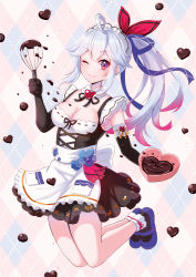 Rule 34 | 1girl, ahoge, albino, alternate costume, apron, argyle, argyle background, argyle clothes, back bow, bare legs, black dress, black footwear, black gloves, blue bow, blue footwear, bobby socks, bow, bowl, breasts, candy, chocolate, chocolate heart, chocolate making, cleavage, closed mouth, detached collar, dress, elbow gloves, enmaided, flower, flower knight girl, food, full body, gloves, hair bow, hairband, heart, holding, kusumoto miya, long hair, looking at viewer, maid, maid headdress, mary janes, medium breasts, multicolored background, no nose, one eye closed, ponytail, red bow, red eyes, shoes, sidelocks, smile, socks, solo, sumire (flower knight girl), valentine, whisk, white apron, white bow, white hair, white hairband