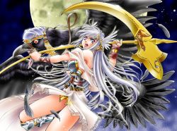 Rule 34 | 1girl, angry, animal, armor, bird, feathers, grey eyes, head wings, long hair, monster collection, moon, natsuno suika, open mouth, oversized animal, scythe, silver hair, star (sky), wings