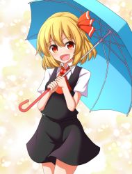 Rule 34 | 1girl, :d, ascot, black skirt, black vest, blonde hair, blue umbrella, blush, collared shirt, commentary request, cowboy shot, fangs, hair between eyes, highres, holding, holding umbrella, medium skirt, open mouth, red eyes, rumia, shirt, short hair, short sleeves, skirt, smile, solo, standing, tareme, teoi (good chaos), touhou, umbrella, vest, white shirt, wing collar, yellow background