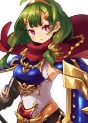 Rule 34 | 1girl, ahoge, breasts, cape, closed mouth, cowboy shot, etrian odyssey, green hair, hair tubes, hairband, hero (sekaiju), highres, holding, holding shield, looking at viewer, low twintails, medium breasts, okame nin, red cape, sekaiju no meikyuu x, shield, simple background, solo, twintails, white background