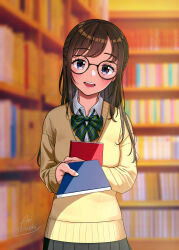 Rule 34 | 1girl, absurdres, blush, book, bow, bowtie, brown hair, cardigan, collared shirt, glasses, green bow, green bowtie, half updo, head tilt, highres, holding, holding book, konatsu miki, library, long hair, long sleeves, looking at viewer, open mouth, original, pleated skirt, purple eyes, school uniform, shirt, signature, skirt, smile, upper body, yellow cardigan