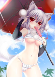 Rule 34 | 1girl, :p, absurdres, animal ears, blush, breasts, bridal gauntlets, food, fundoshi, hat, highres, inubashiri momiji, japanese clothes, looking at viewer, medium breasts, popsicle, red eyes, short hair, solo, sunlight, tail, tokin hat, tongue, tongue out, touhou, umbrella, underboob, white hair, wolf ears, wolf tail, wolflong