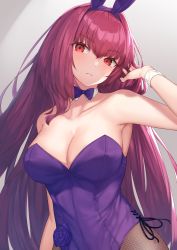 Rule 34 | animal ears, breasts, detached collar, fake animal ears, fate/grand order, fate (series), fishnet pantyhose, fishnets, hair intakes, hairband, highres, large breasts, leotard, long hair, official alternate costume, pantyhose, playboy bunny, purple hair, purple hairband, purple leotard, purple neckwear, rabbit ears, red eyes, reuri (tjux4555), scathach (fate), scathach (piercing bunny) (fate), solo, strapless, strapless leotard, very long hair, wrist cuffs