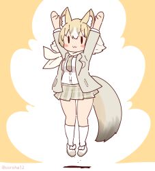 Rule 34 | 1girl, animal ears, arms up, black eyes, brown background, brown hair, coroha, extra ears, fox ears, fox girl, fox tail, full body, jacket, jumping, kemono friends, kemono friends 3, kit fox (kemono friends), looking at viewer, necktie, scarf, shirt, shoes, short hair, simple background, skirt, socks, solo, tail
