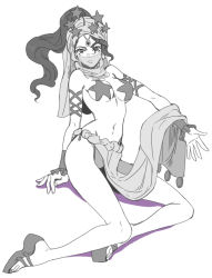 Rule 34 | 1girl, apple972, arabian clothes, arm support, bare shoulders, breasts, dancer, inzup, jojo no kimyou na bouken, long hair, looking at viewer, midler, midriff, monochrome, navel, pasties, pelvic curtain, ponytail, sandals, sitting, solo, star pasties, veil
